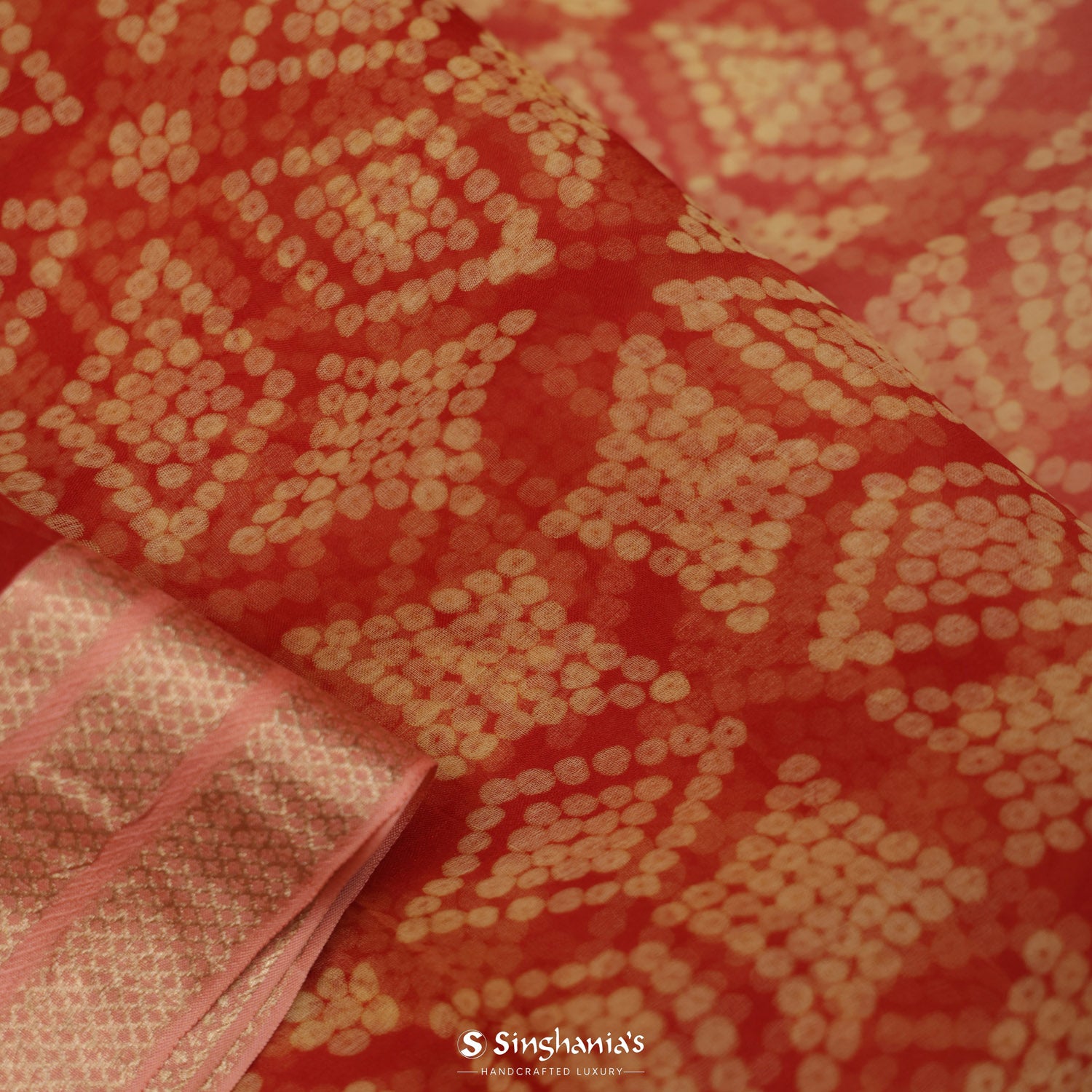 Arsenal Red Printed Organza Saree With Bandhani Pattern