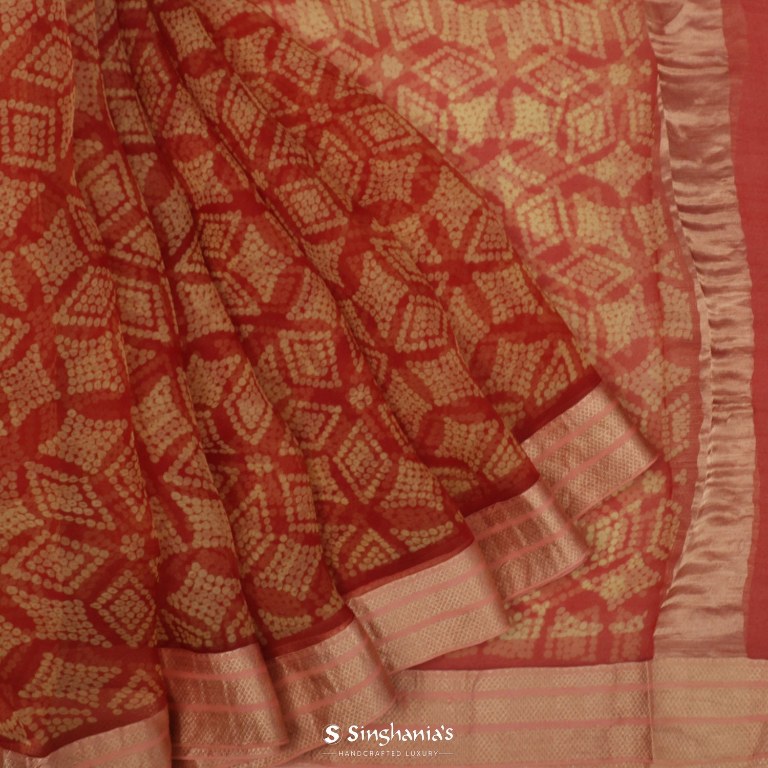 Arsenal Red Printed Organza Saree With Bandhani Pattern