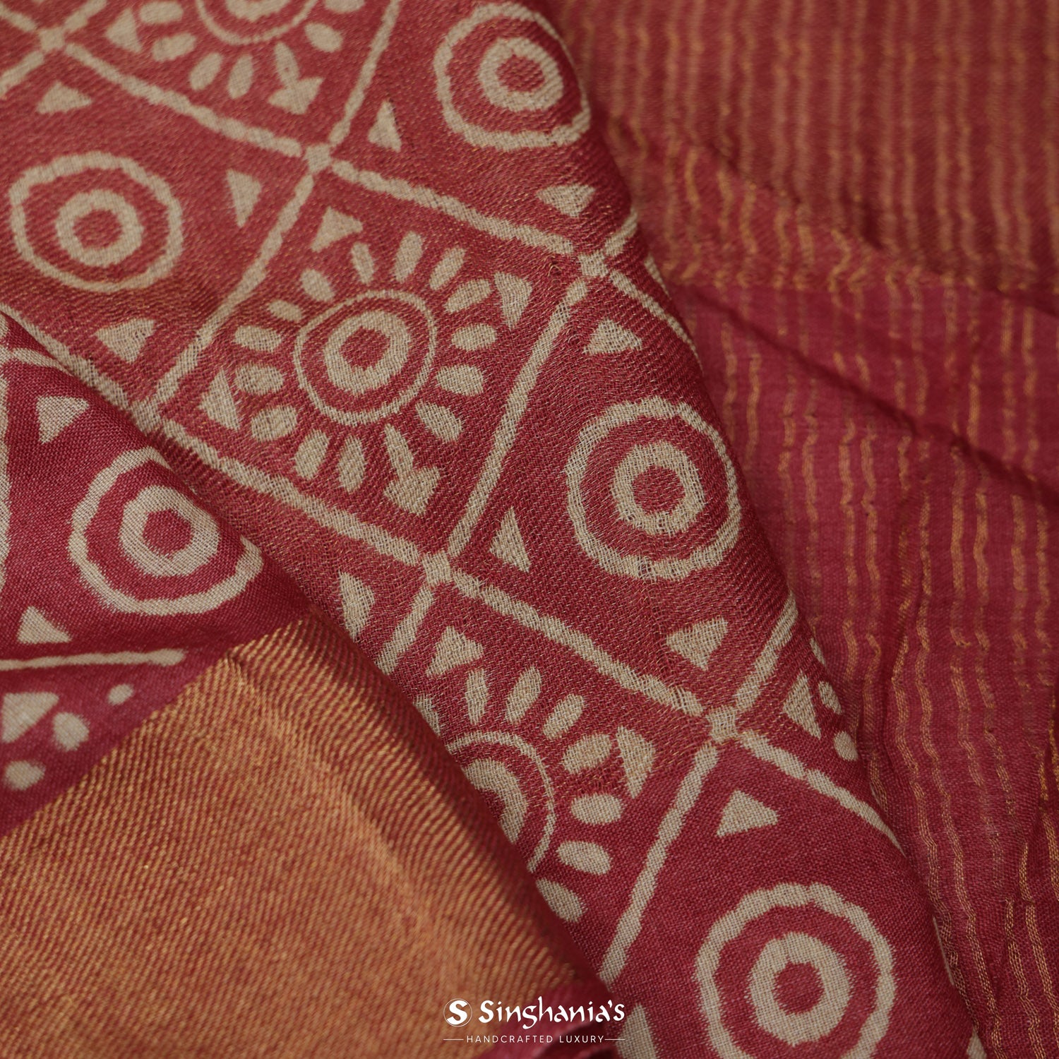 English Red Printed Tissue Saree With Geometrical Pattern