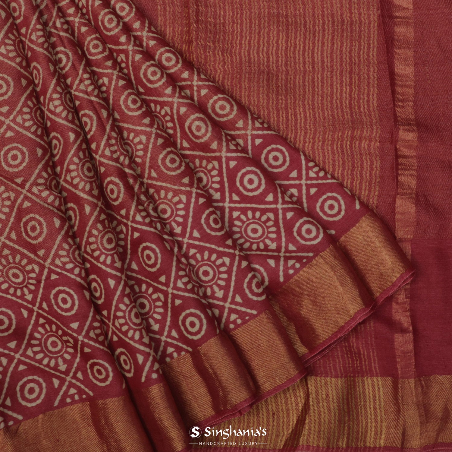 English Red Printed Tissue Saree With Geometrical Pattern