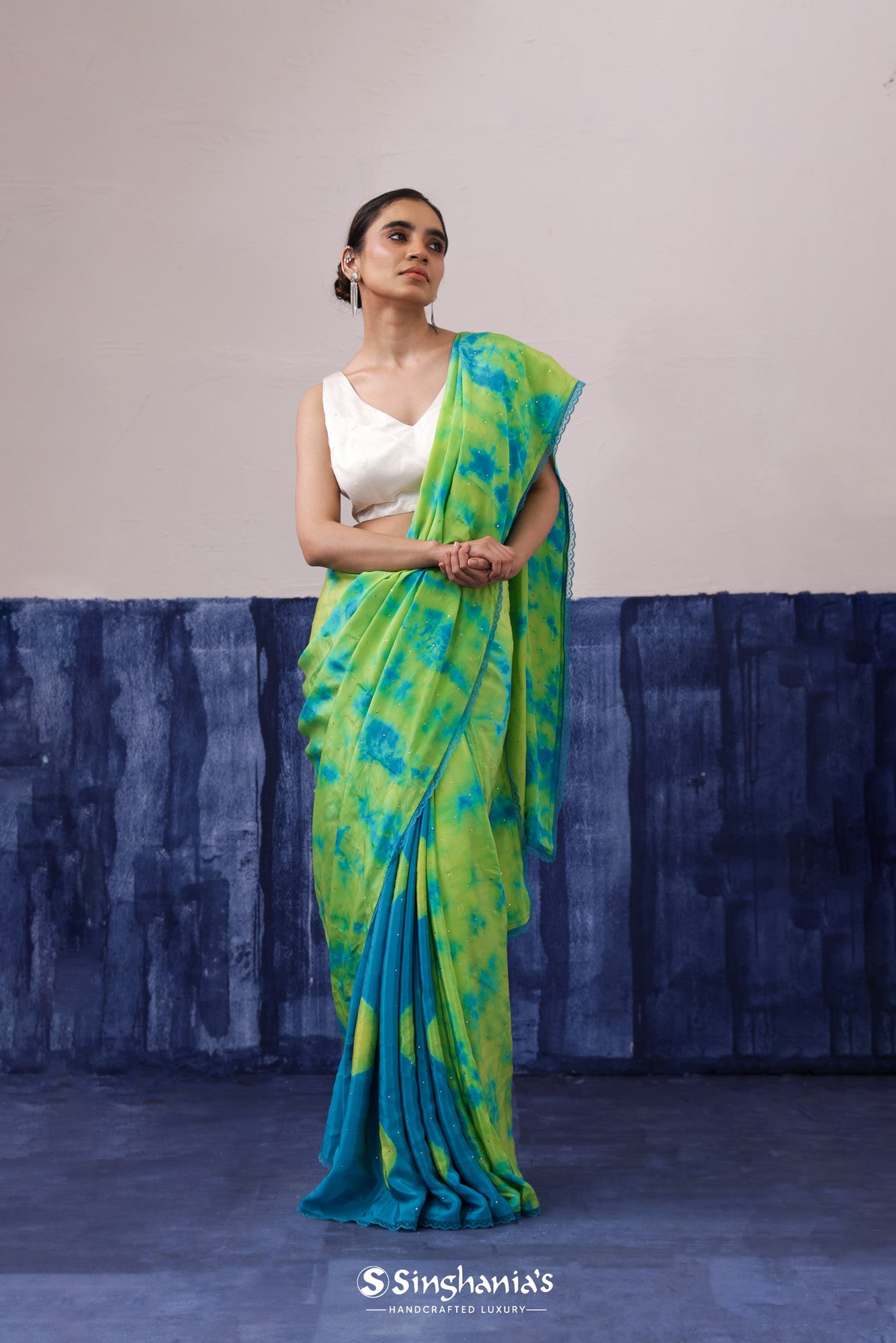 Corn Green Satin Saree With Tie-Dye Pattern