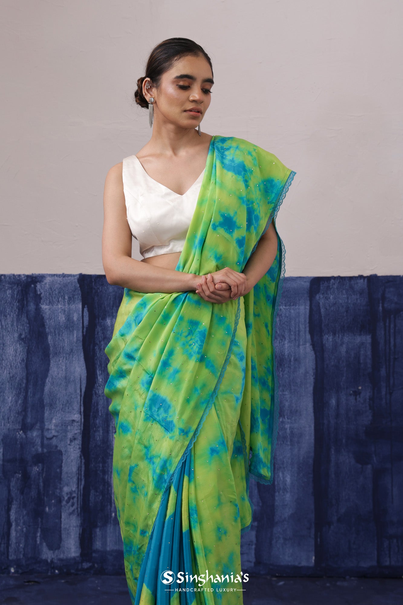 Corn Green Satin Saree With Tie-Dye Pattern