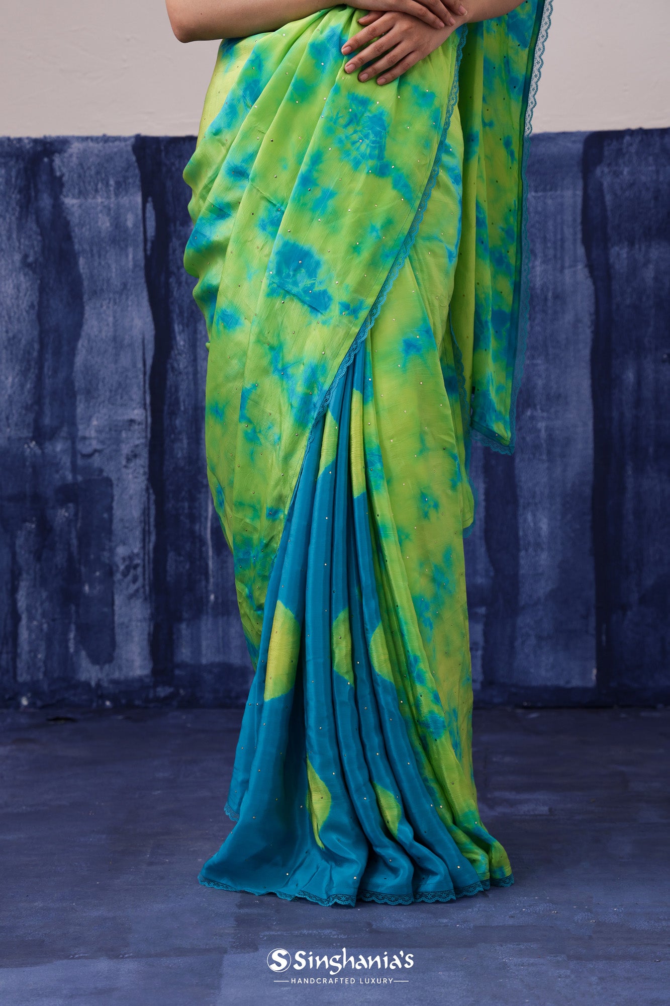 Corn Green Satin Saree With Tie-Dye Pattern