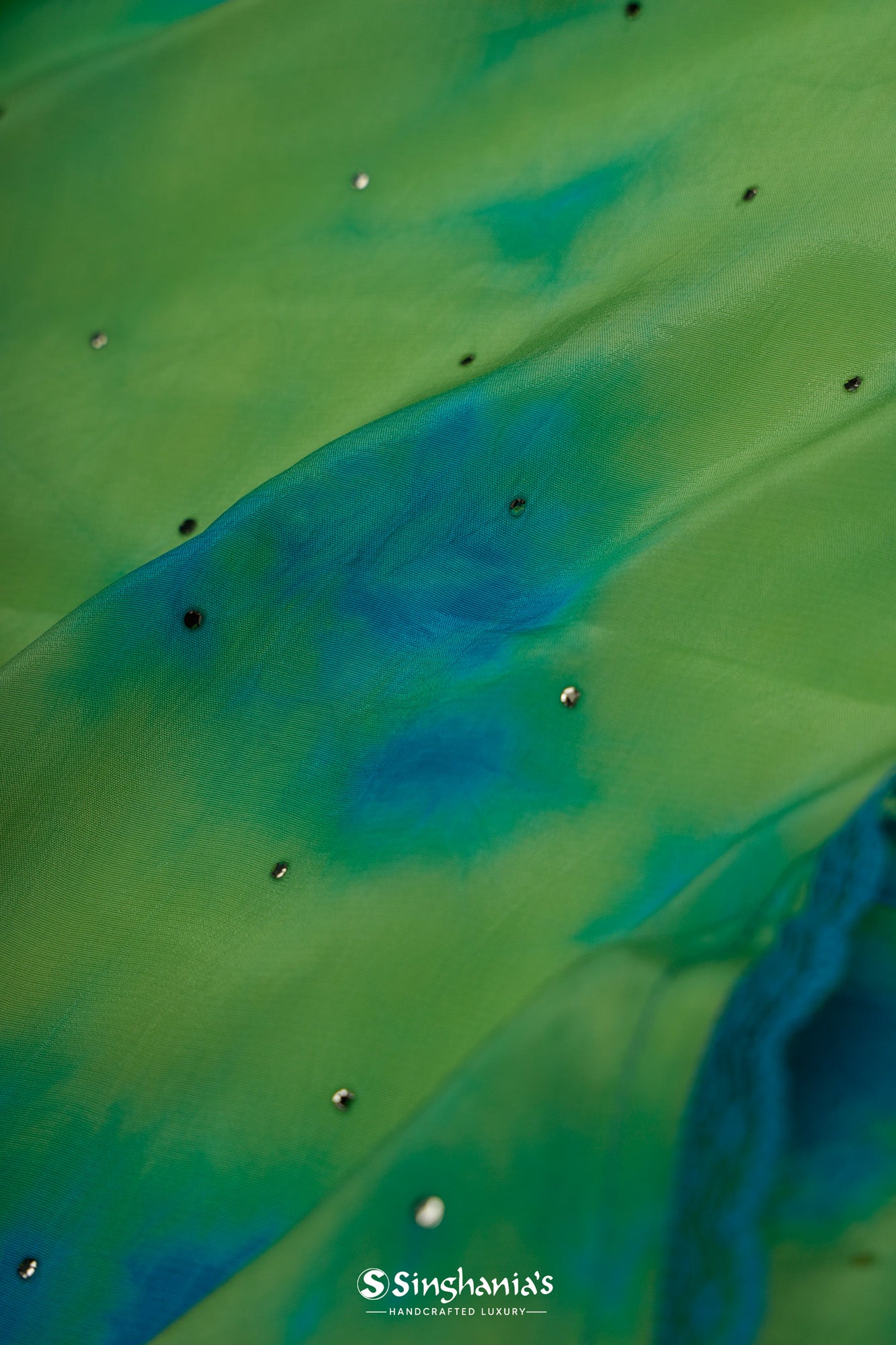 Corn Green Satin Saree With Tie-Dye Pattern