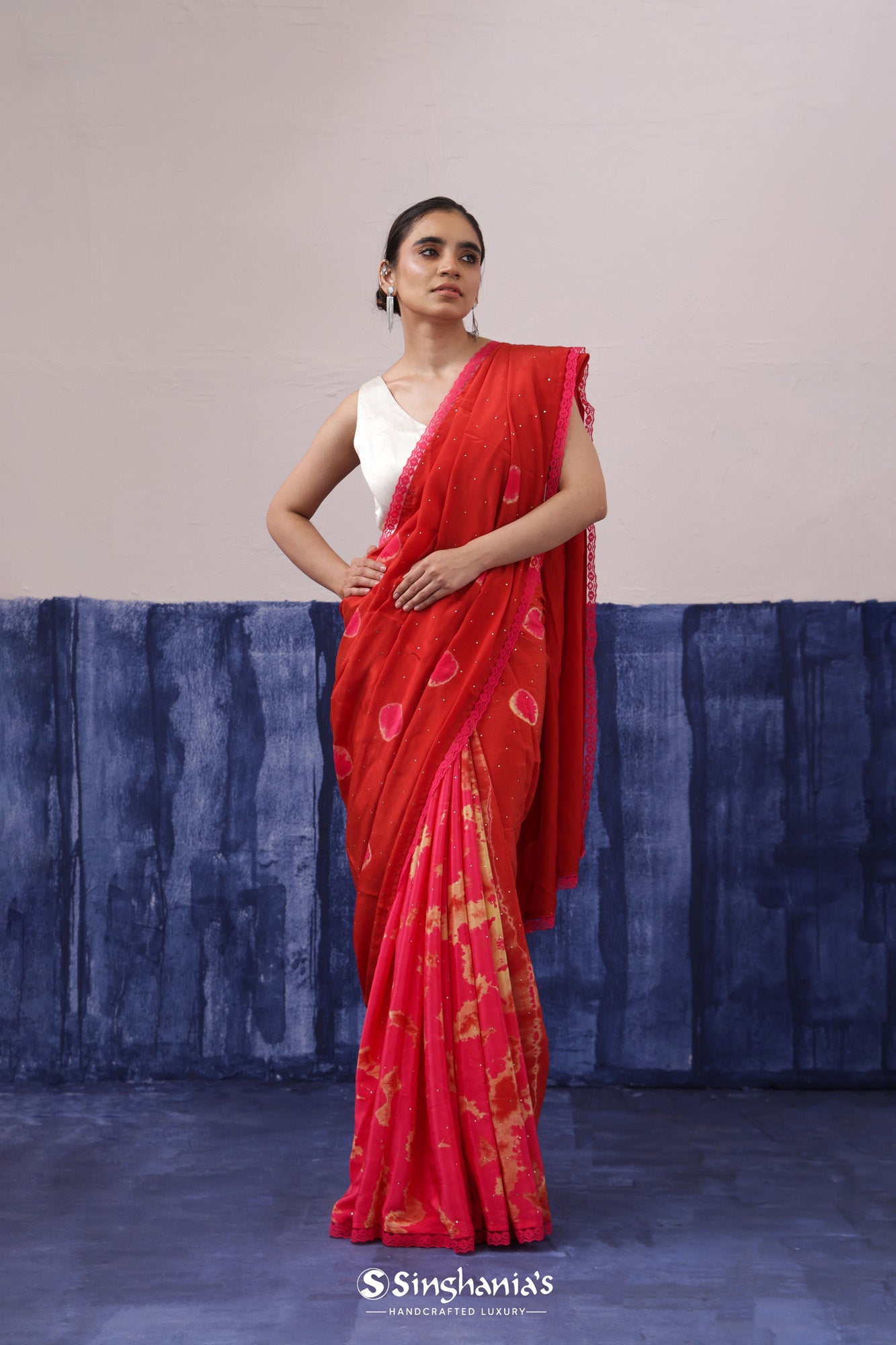 Imperial Red Satin Saree With Tie-Dye Pattern