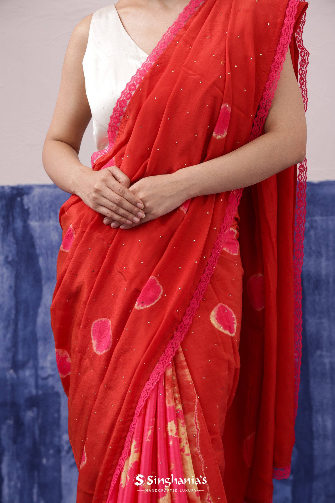 Imperial Red Satin Saree With Tie-Dye Pattern