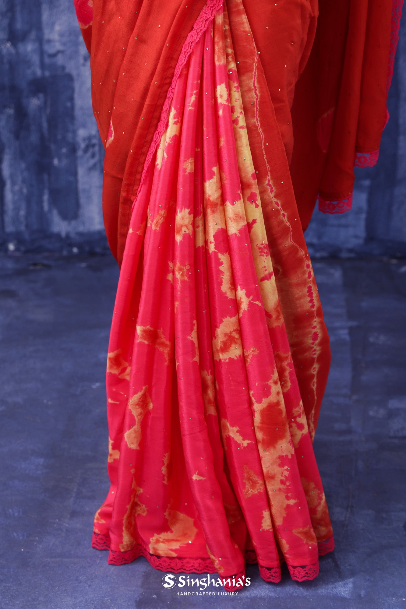 Imperial Red Satin Saree With Tie-Dye Pattern