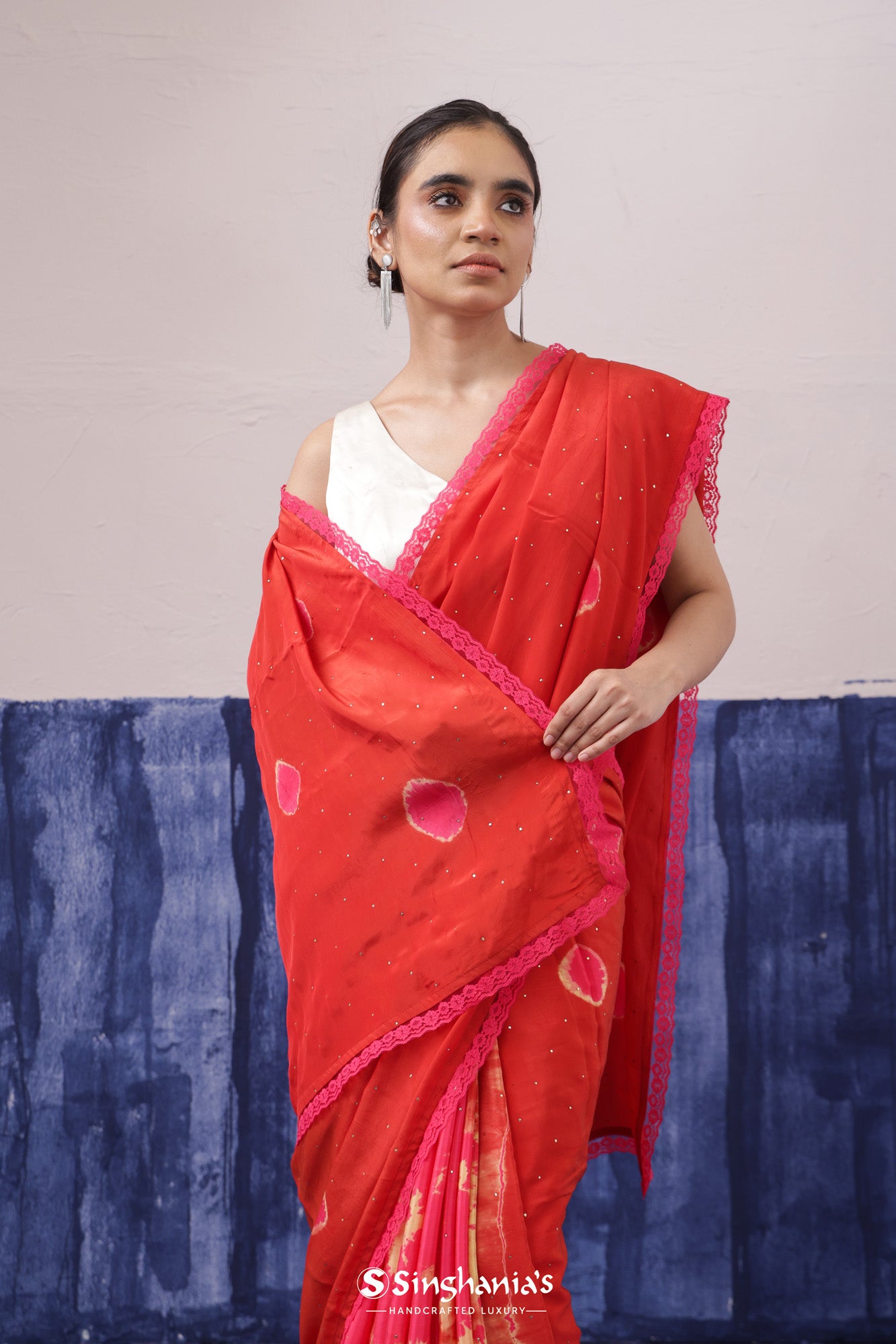 Imperial Red Satin Saree With Tie-Dye Pattern