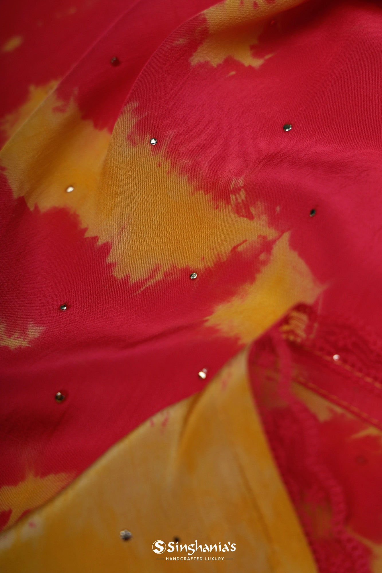 Imperial Red Satin Saree With Tie-Dye Pattern