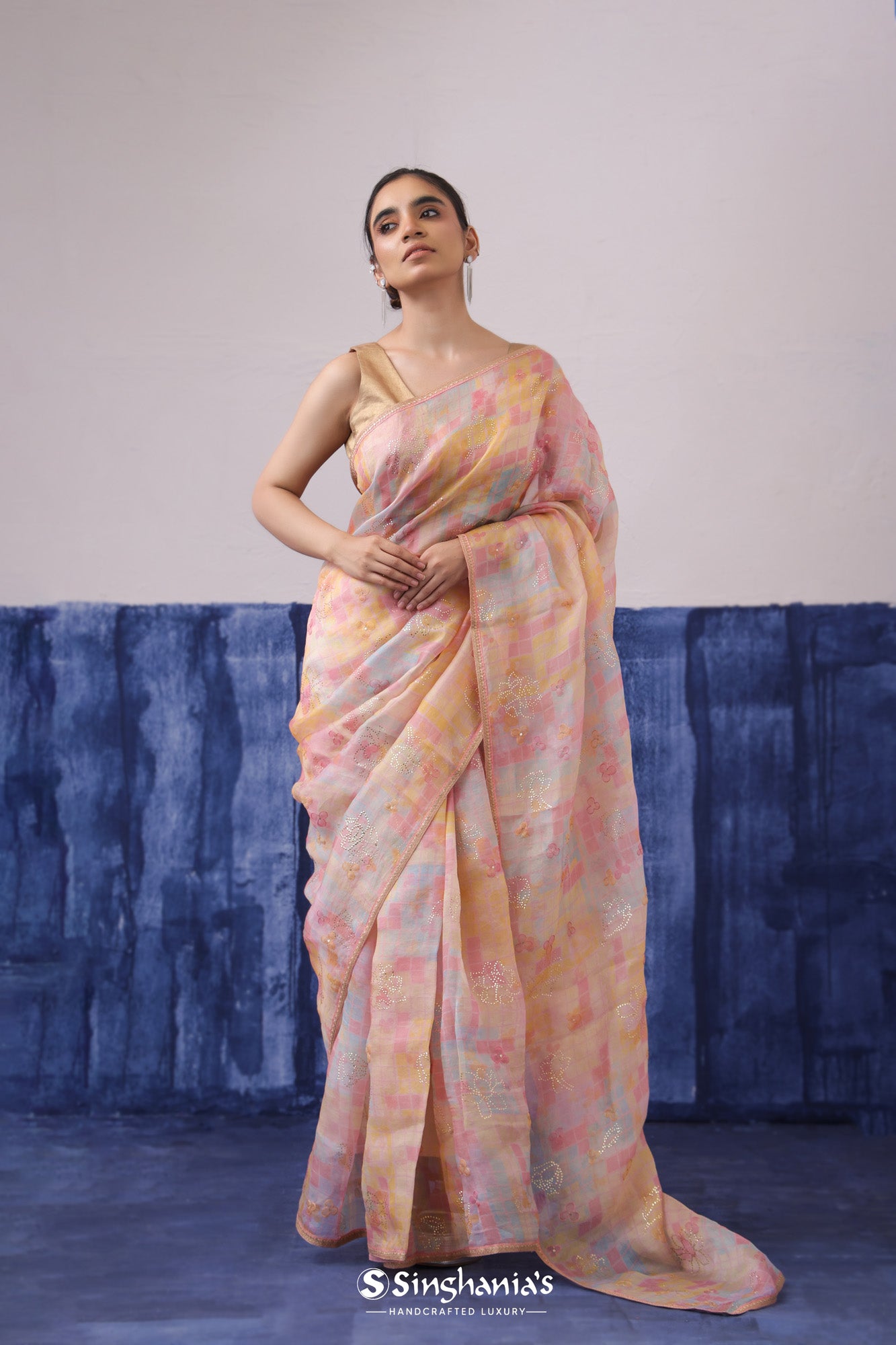 Pale Pink Printed Organza Saree With Floral Embroidery