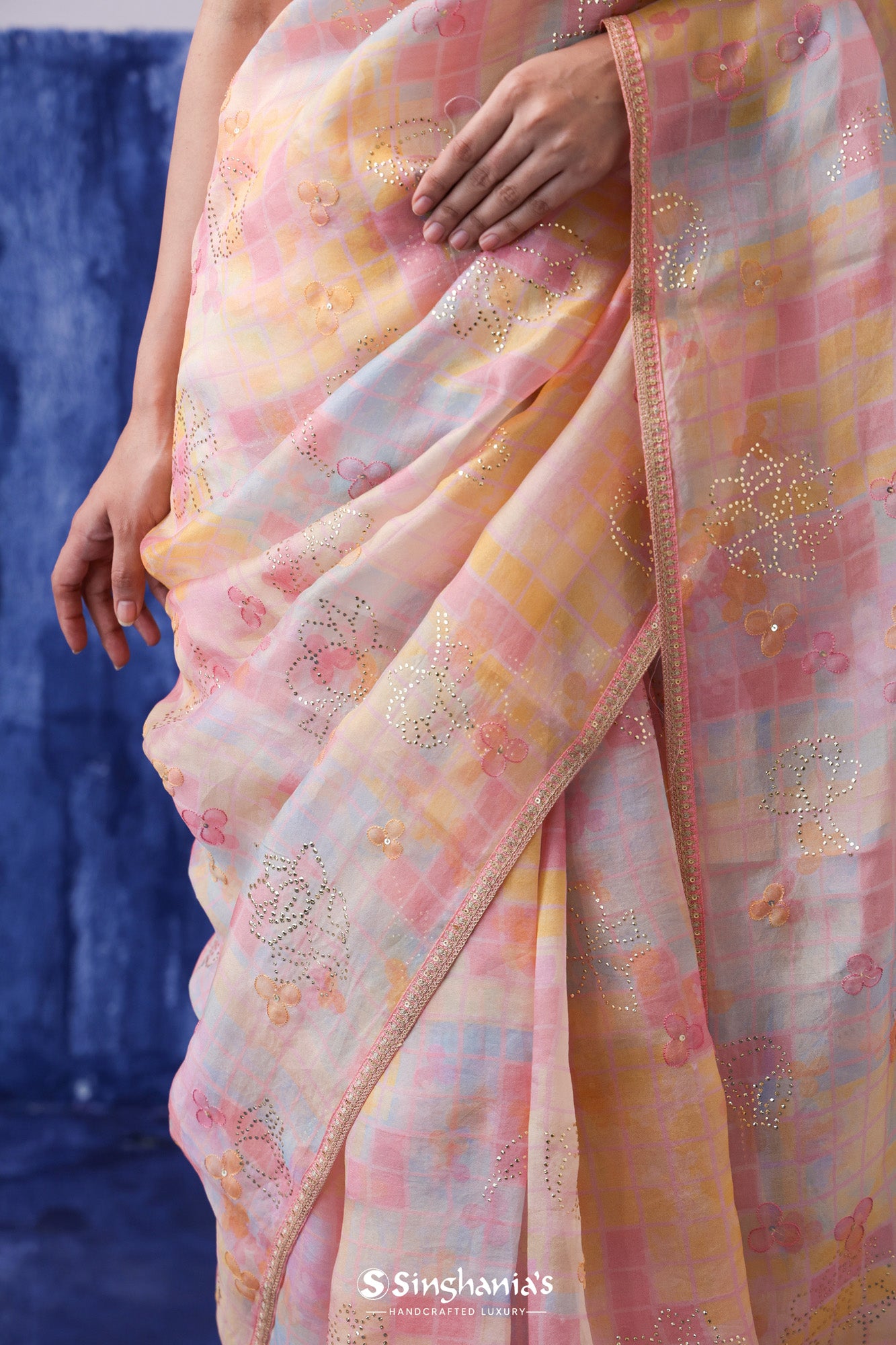 Pale Pink Printed Organza Saree With Floral Embroidery