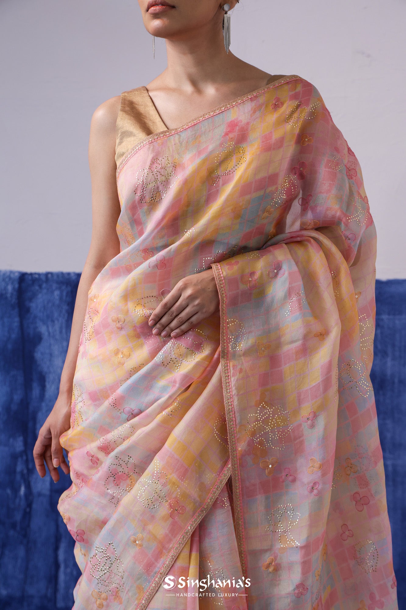 Pale Pink Printed Organza Saree With Floral Embroidery