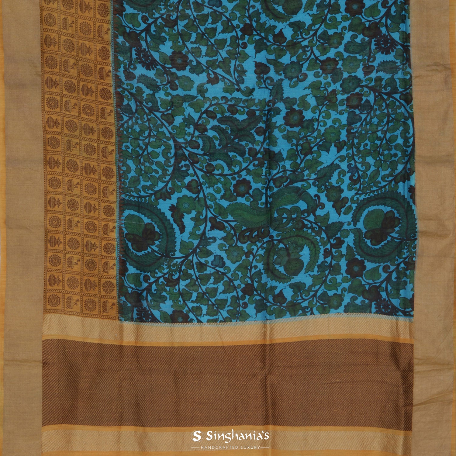 Vivid Sky Blue Printed Matka Saree With Inspired Kalamkari Pattern