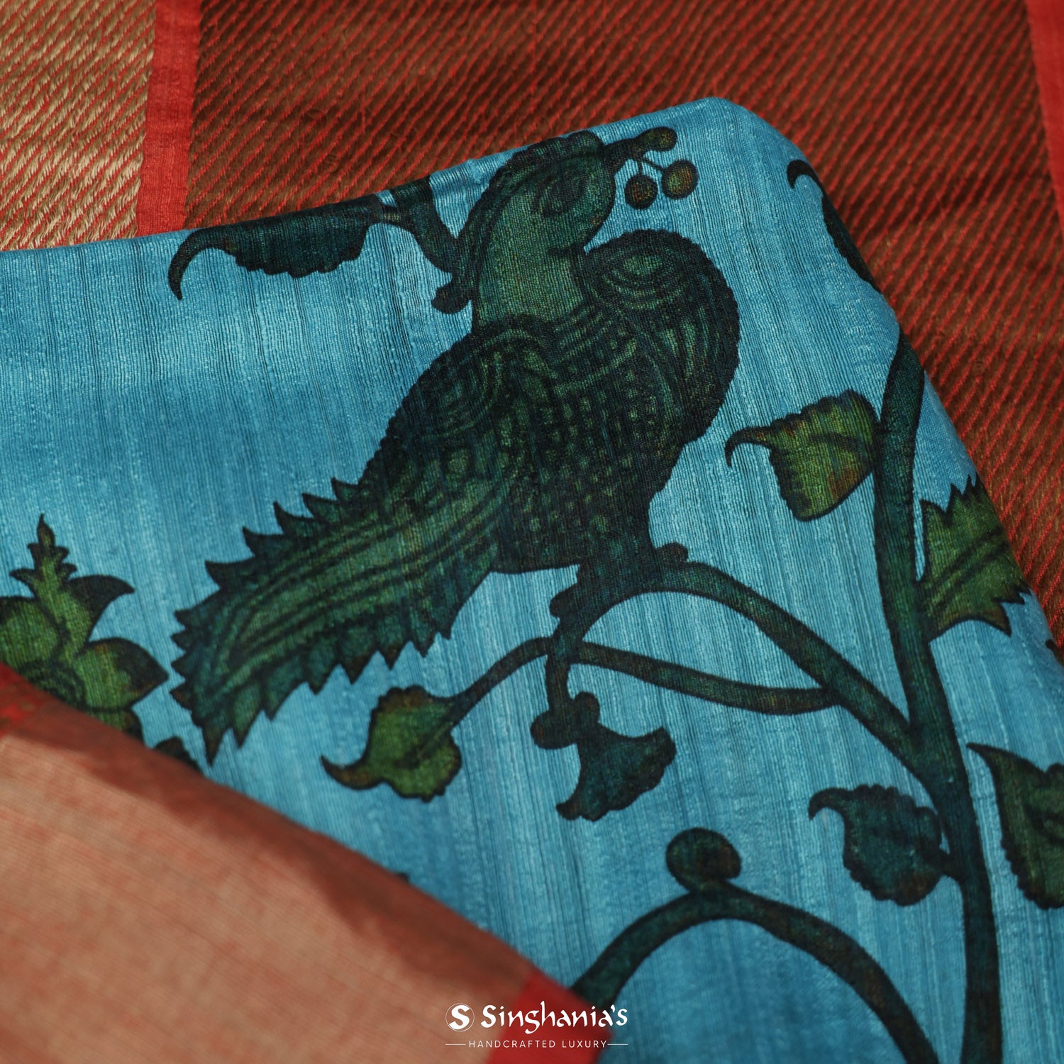 Vivid Sky Blue Printed Matka Saree With Kalamkari Inspired Pattern
