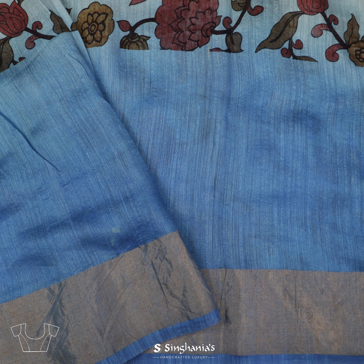 Marian Blue Printed Matka Saree With Inspired Kalamkari Pattern