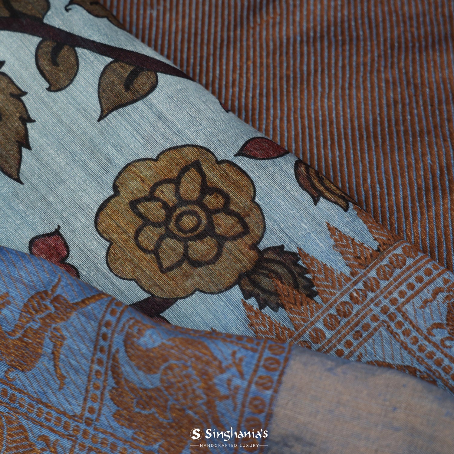 Marian Blue Printed Matka Saree With Inspired Kalamkari Pattern