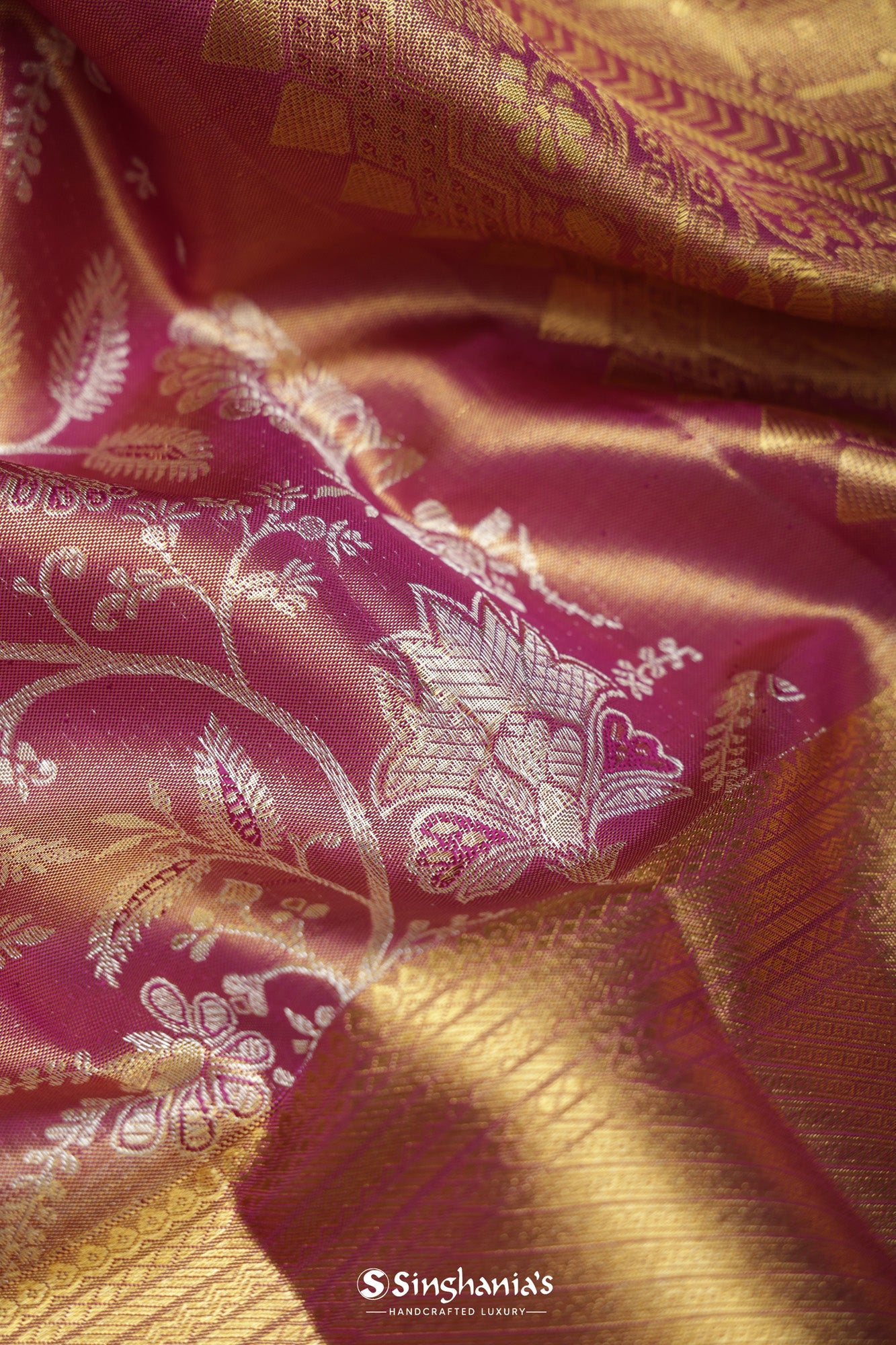 Dark Pink Tissue Kanjivaram Silk Saree With Jaal Big Border Design