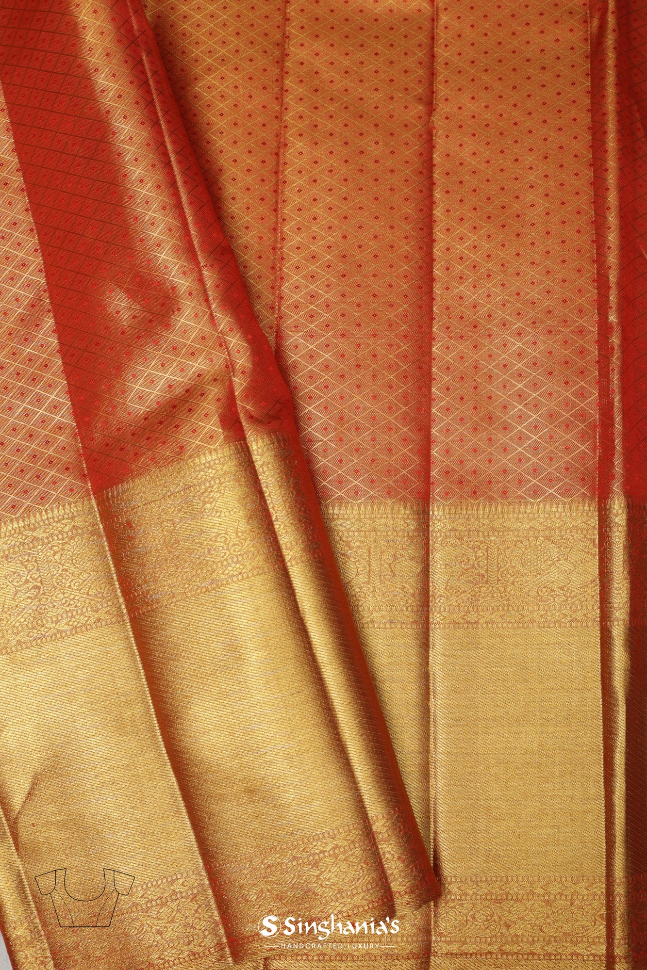 Metallic Orange Tissue Kanjivaram Silk Saree With Jaal Weaving