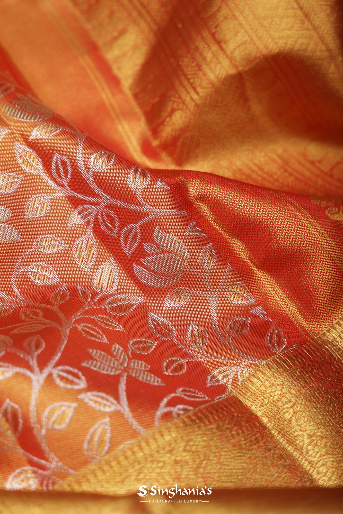 Metallic Orange Tissue Kanjivaram Silk Saree With Jaal Weaving