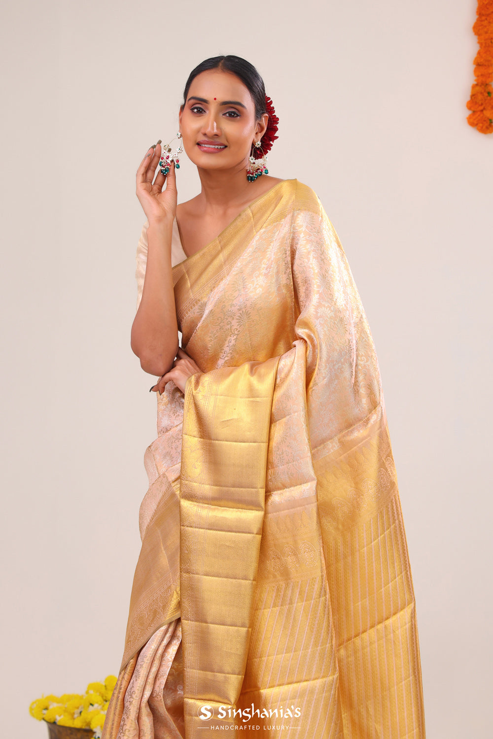 Pastel Peach Jaal Kanjivaram Silk Saree