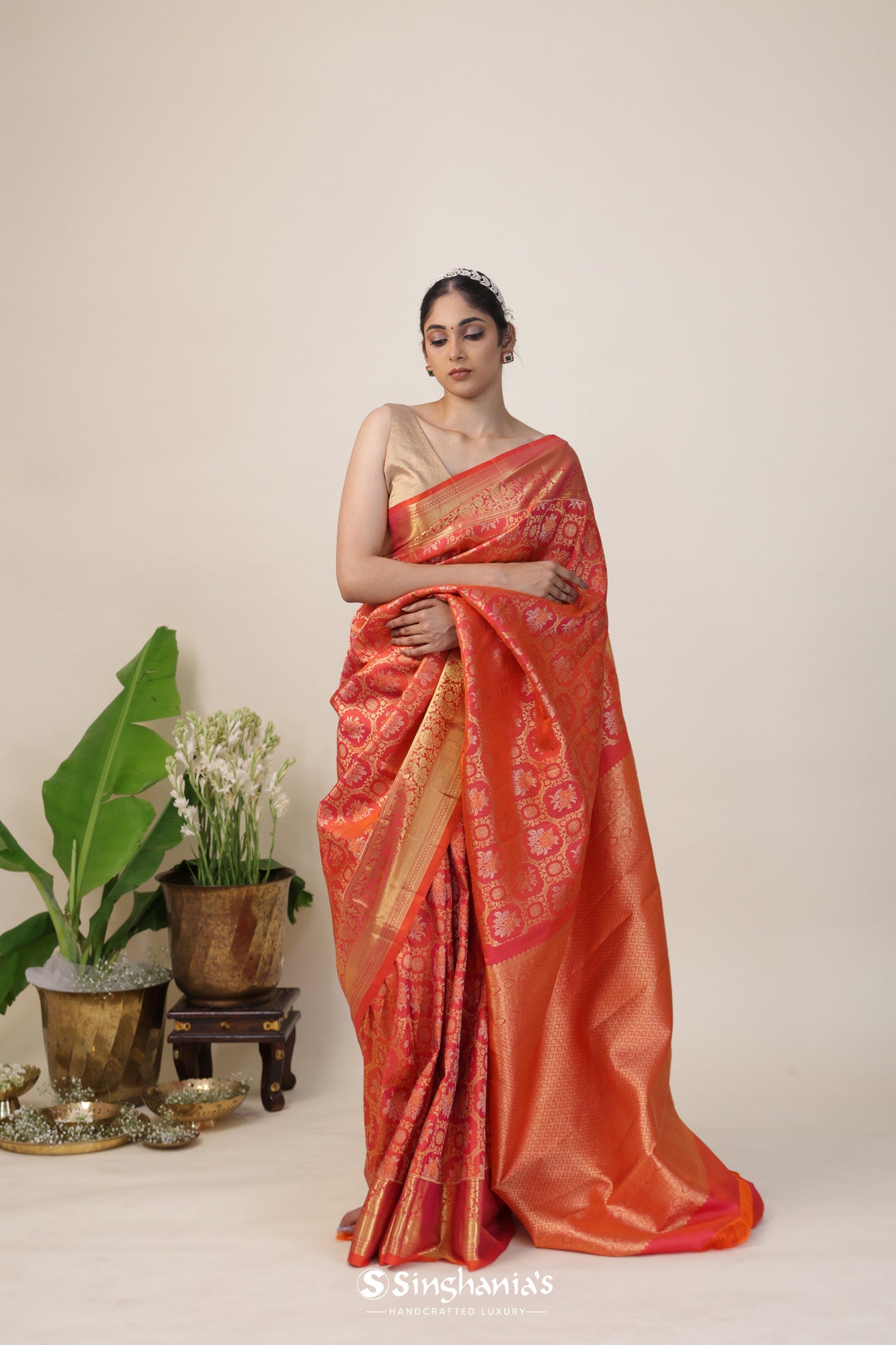 Tomato Orange Kanjivaram Silk Saree With Floral Butti Design