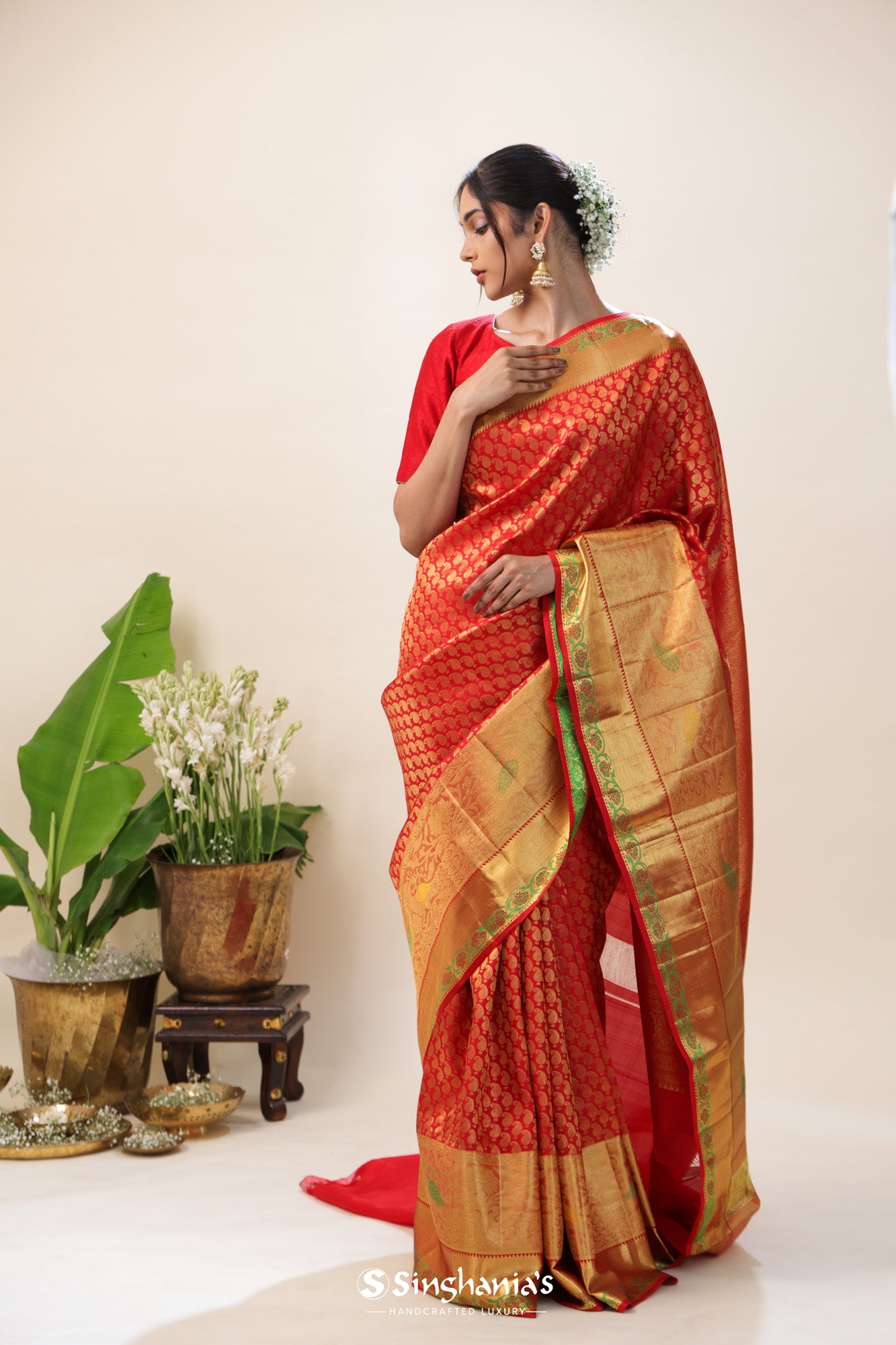 Orange Red Kanjivaram Silk Saree With Floral Buttis