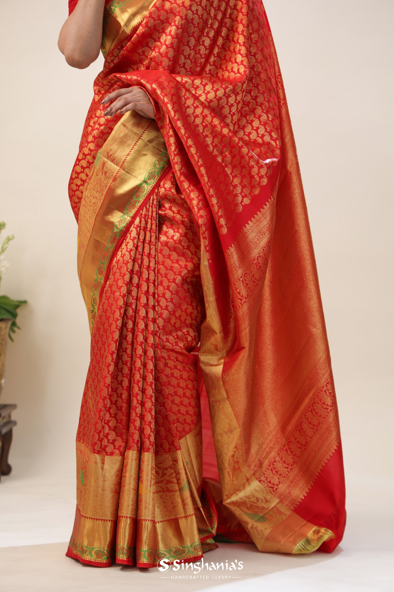 Orange Red Kanjivaram Silk Saree With Floral Buttis