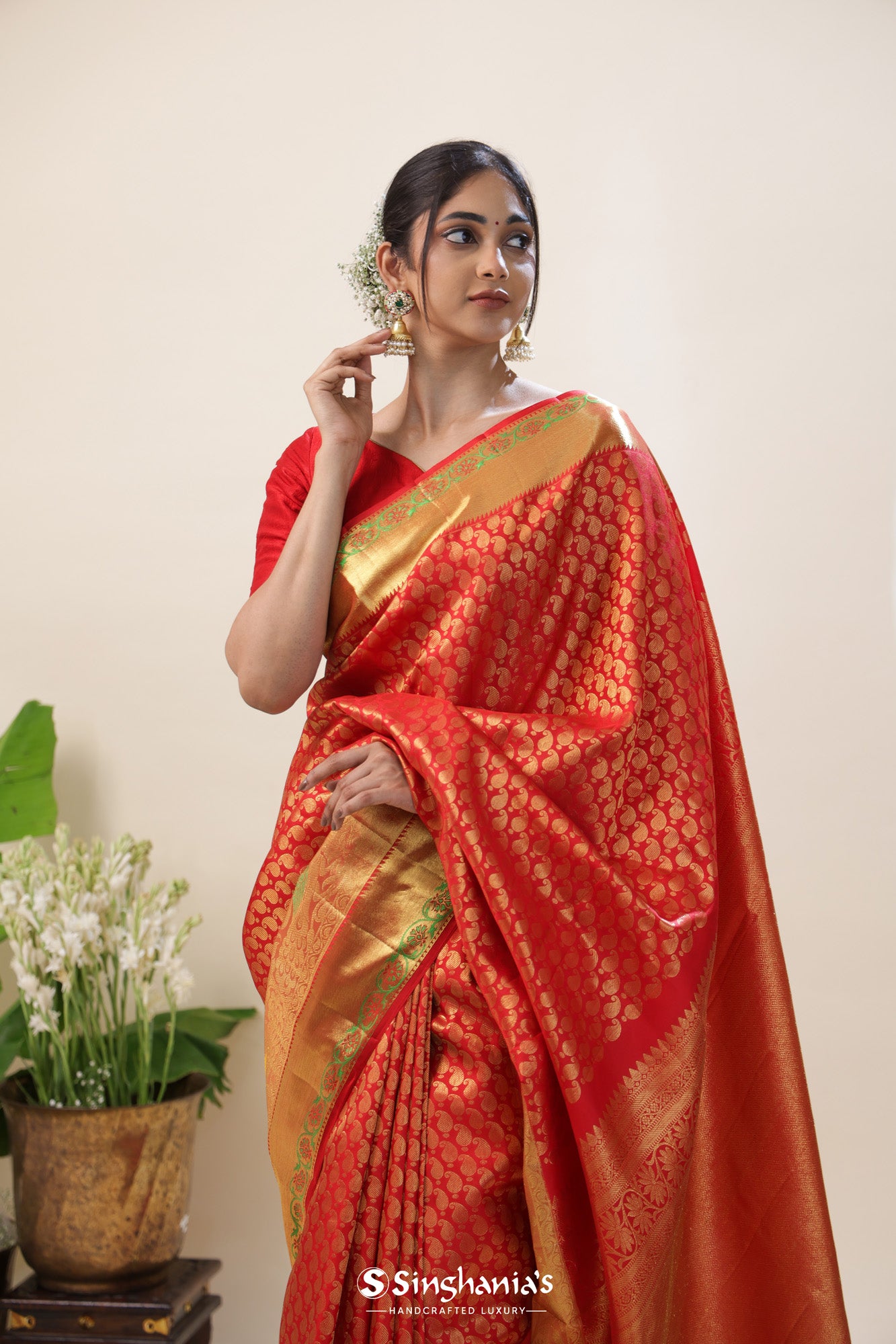 Orange Red Kanjivaram Silk Saree With Floral Buttis