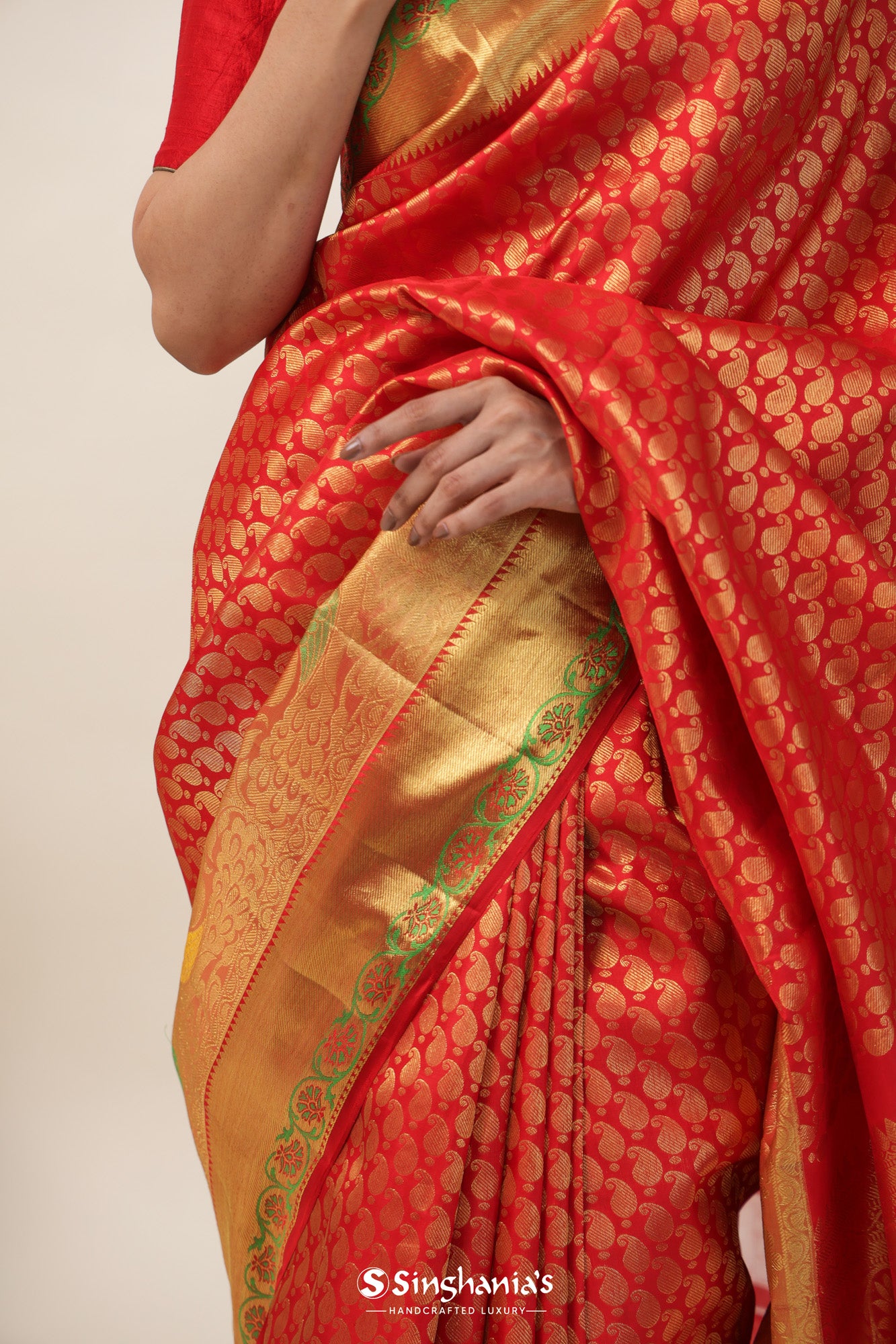 Orange Red Kanjivaram Silk Saree With Floral Buttis