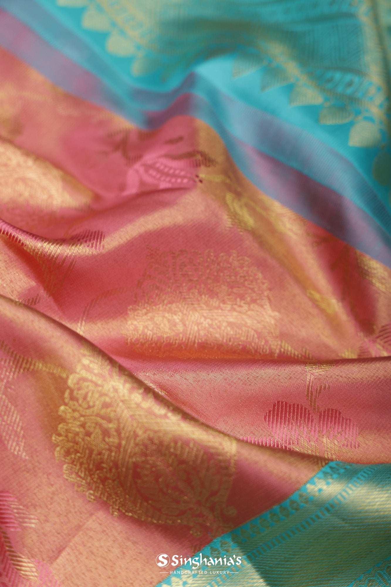 Strawberry Pink Tissue Kanjivaram Silk Saree With Floral Design