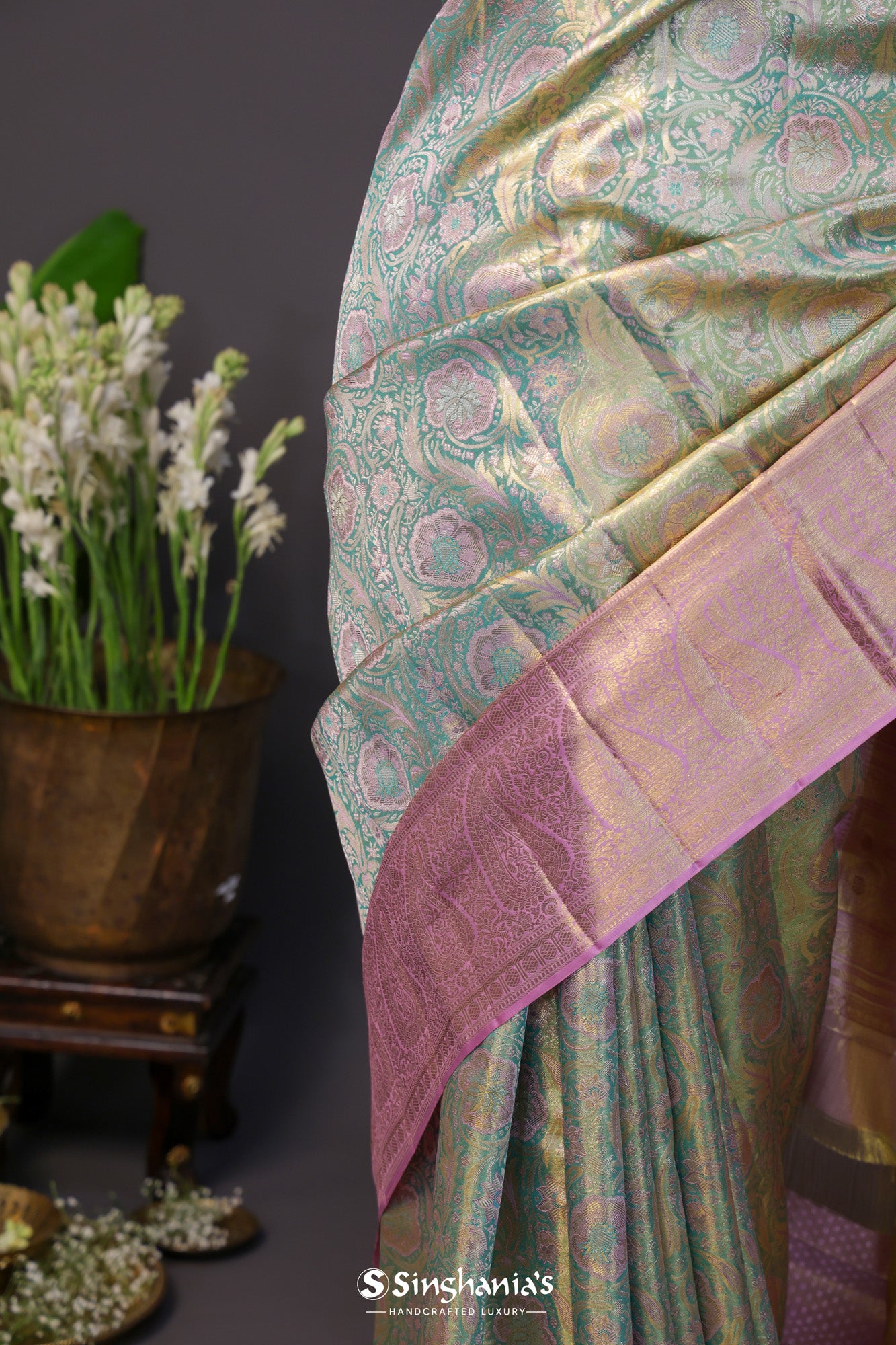 Pastel Green Tissue Kanjivaram Silk Saree With Meenakari Butti Pattern