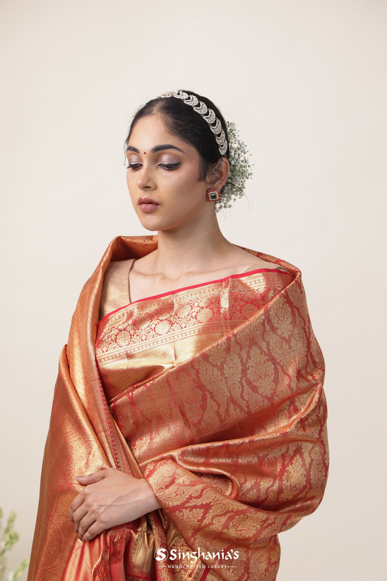 Prismatic Red Tissue Kanjivaram Silk Saree With Big Border Design