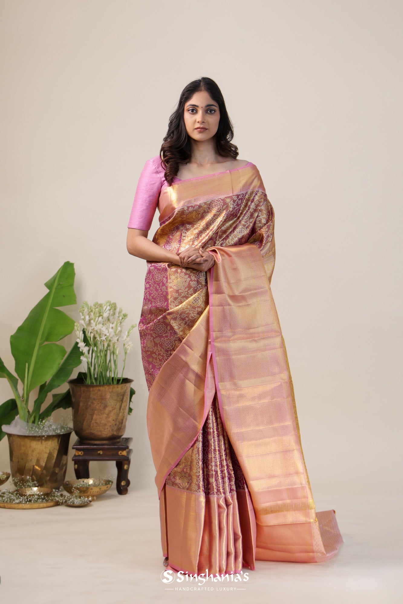 Cherry Blossom Pink Tissue Kanjivaram Silk Saree With Floral Jaal Weaving