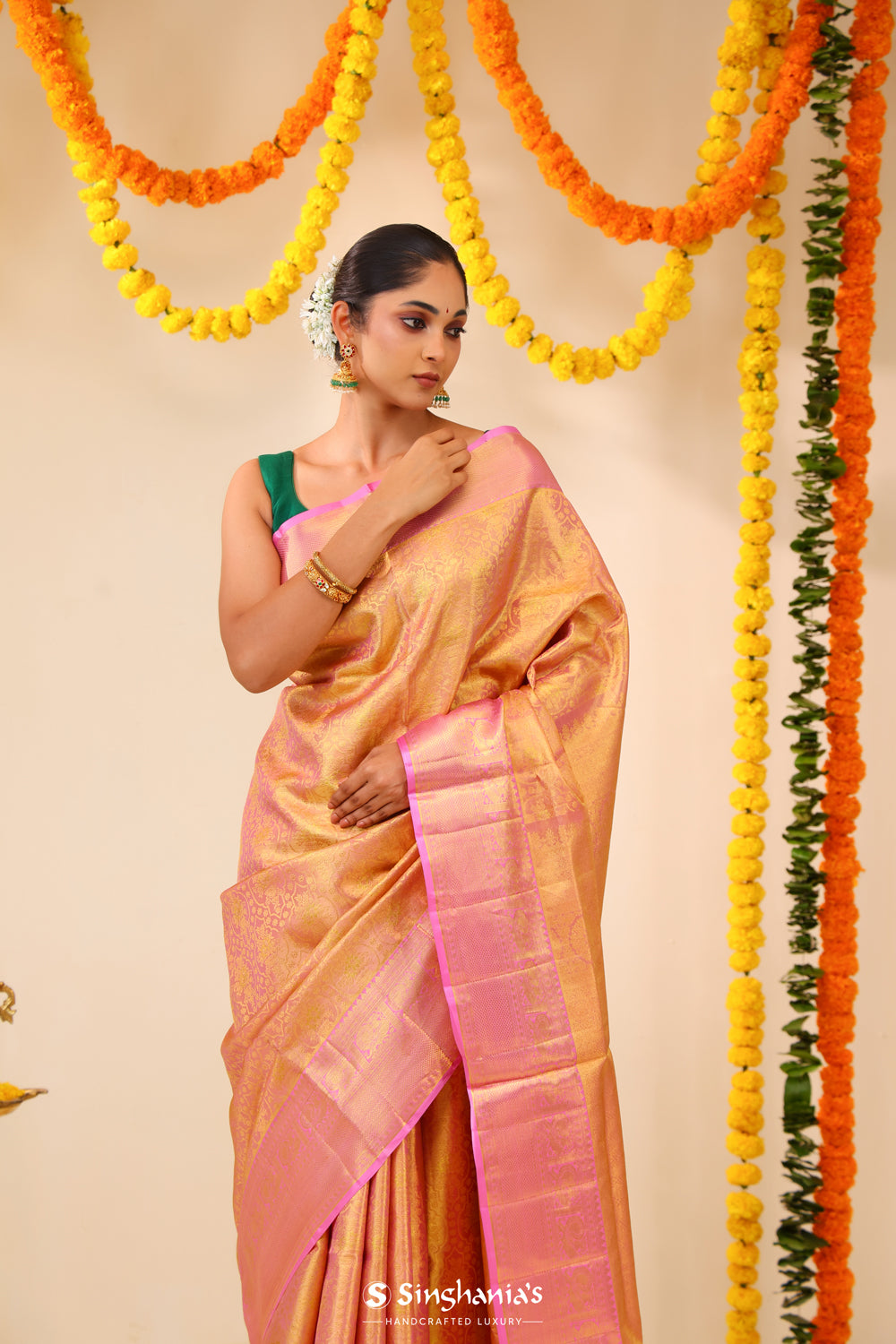 Pearl Pink Tissue Kanjivaram Saree With Floral Jaal Weaving