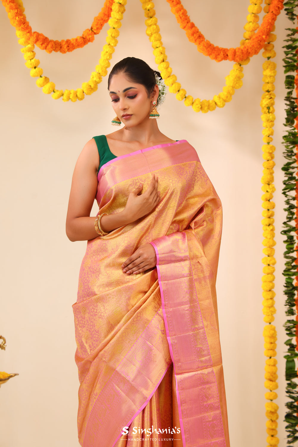 Pearl Pink Tissue Kanjivaram Saree With Floral Jaal Weaving