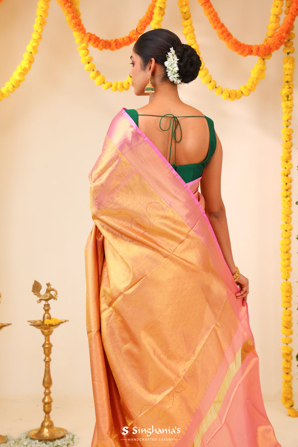 Pearl Pink Tissue Kanjivaram Saree With Floral Jaal Weaving