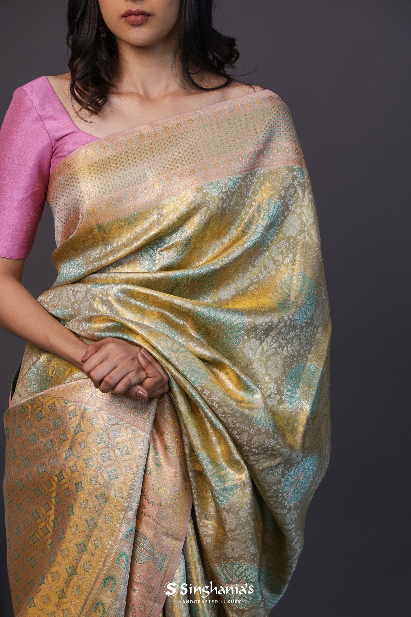 Vegas Gold Tissue Kanjivaram Saree With Abstract Peacock Weaving