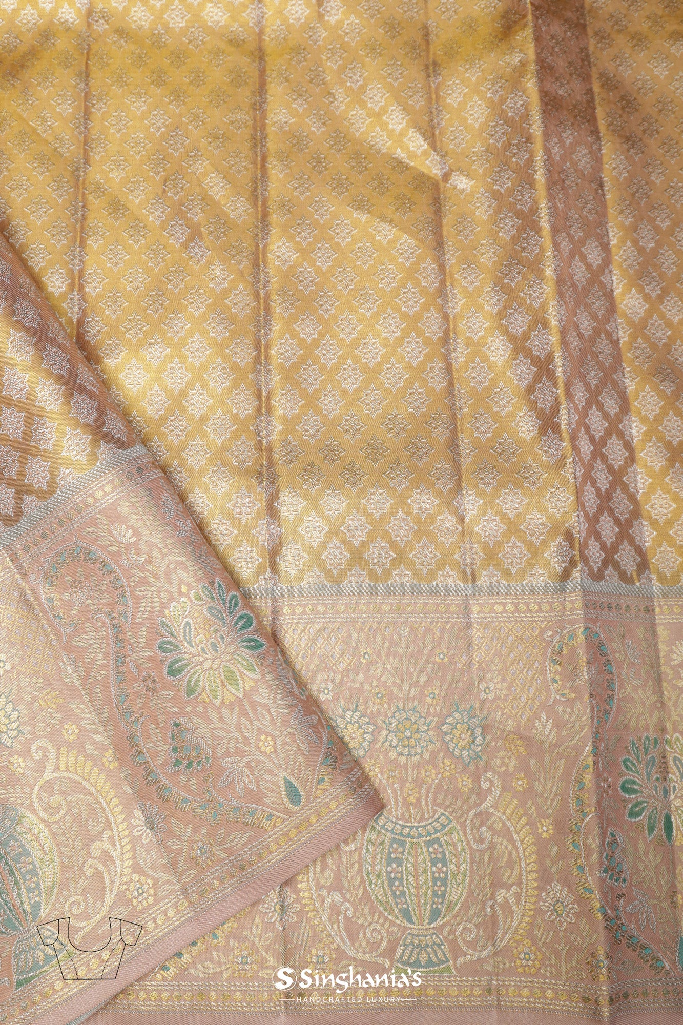 Vegas Gold Tissue Kanjivaram Saree With Abstract Peacock Weaving