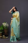 Pastel Yellow Tissue Kanjivaram Silk Saree With Meenakari Design