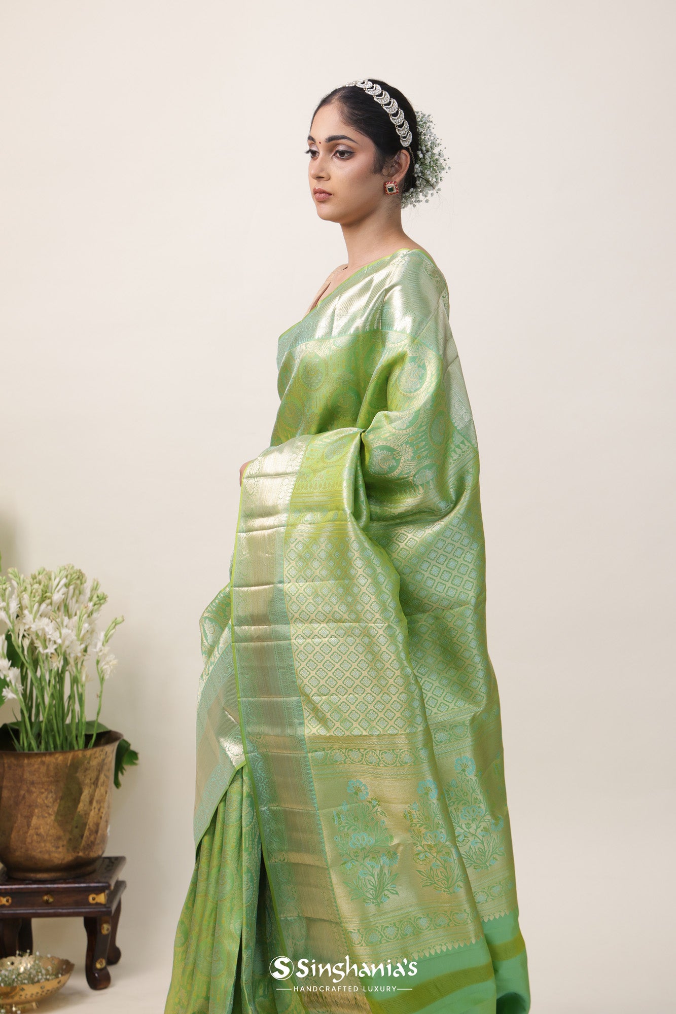 Pistachio Green Tissue Kanjivaram Silk Saree With Nature Inspired Motif Pattern
