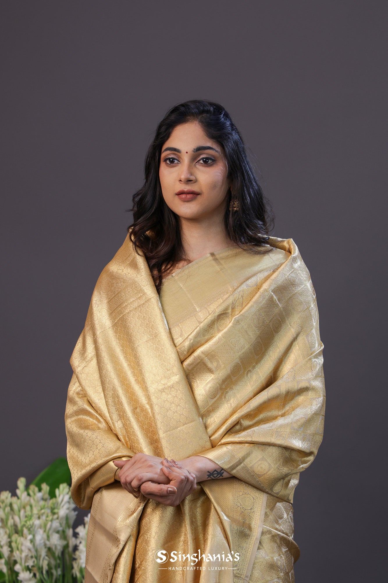 Brown Beige Tissue Kanjivaram Silk Saree With Peacock Weaving