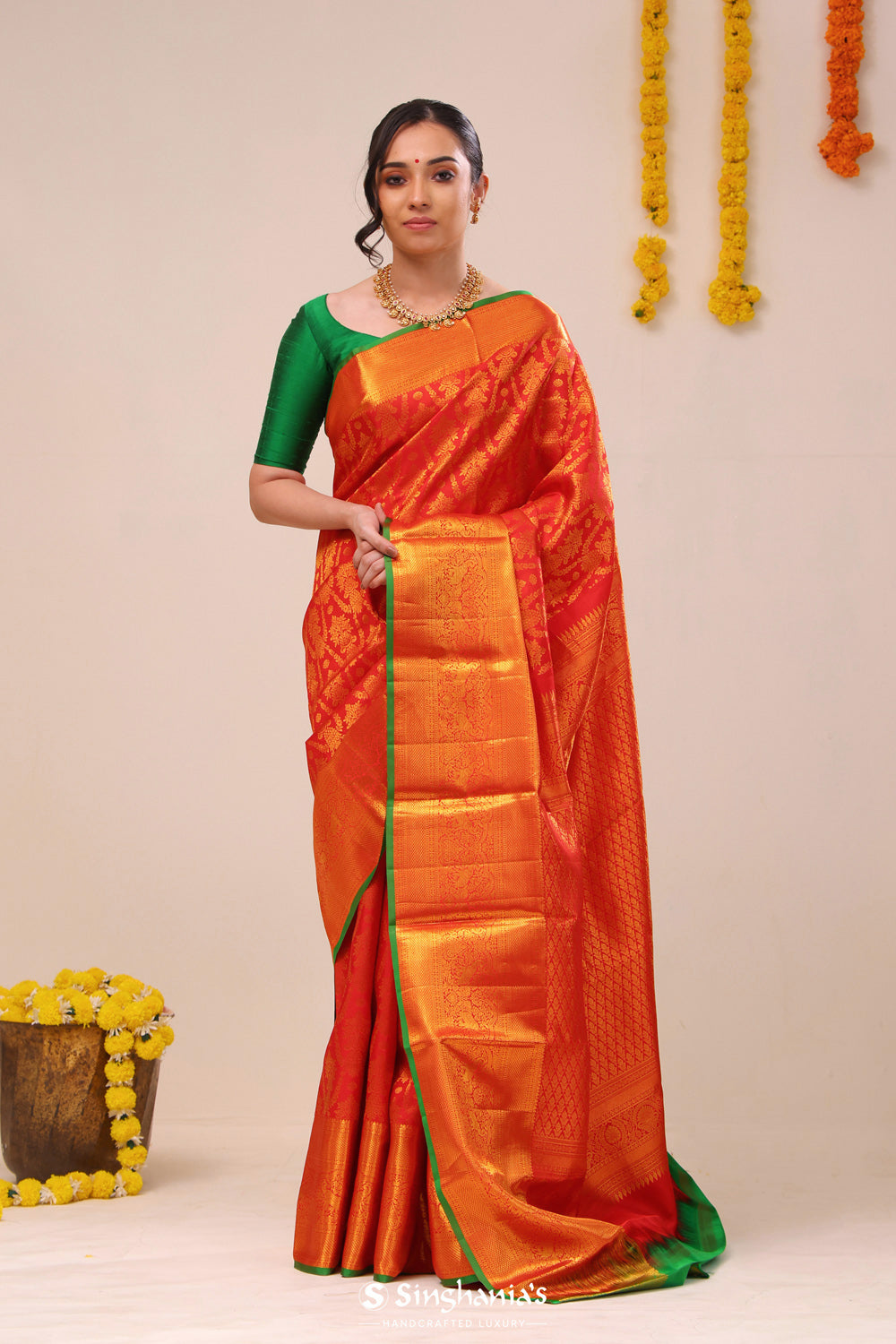 Cardinal Red Heritage Kanjivaram Silk Saree