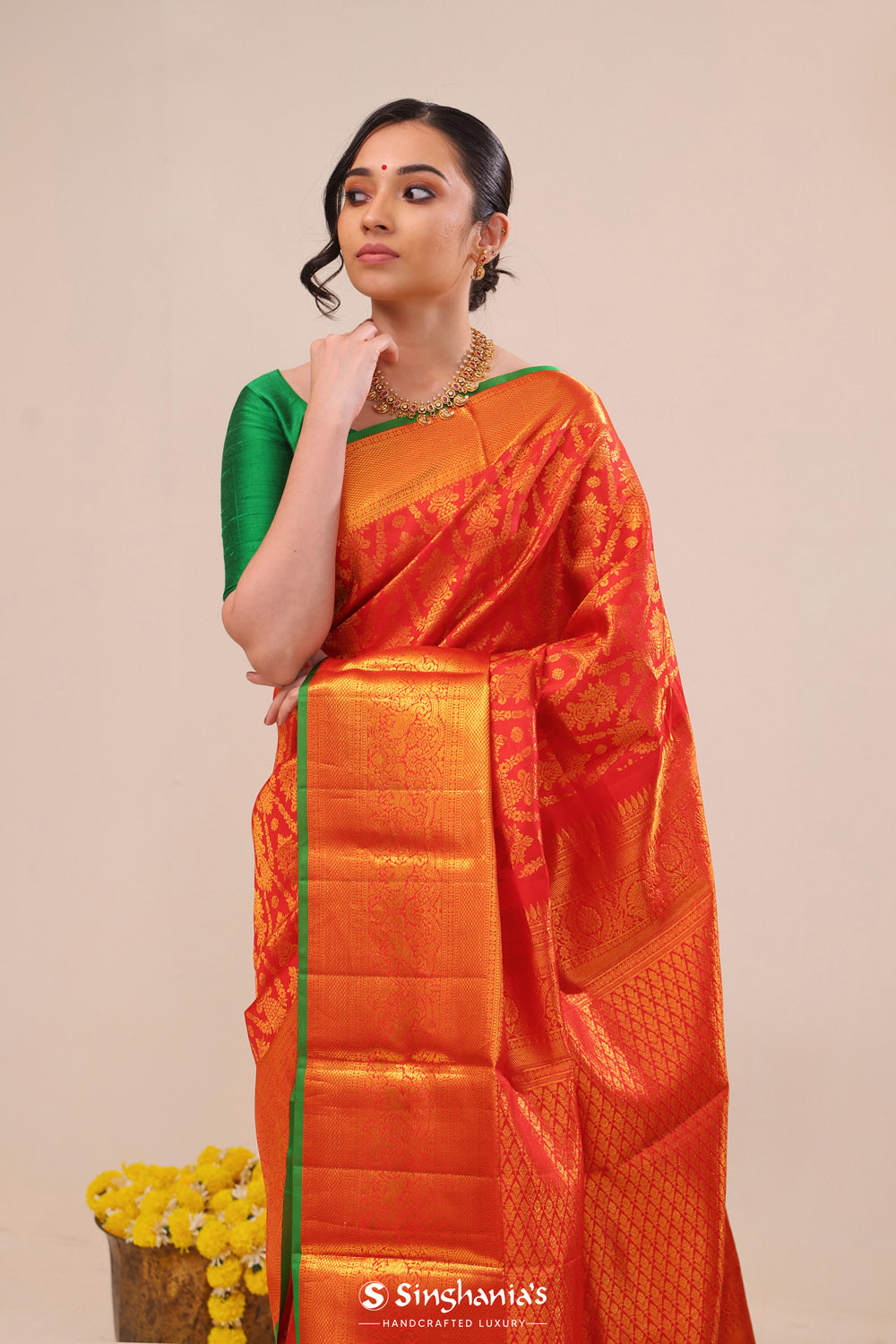 Cardinal Red Heritage Kanjivaram Silk Saree