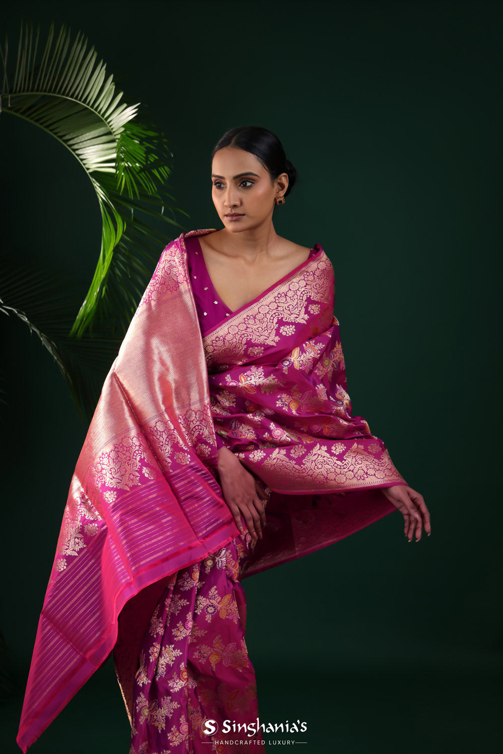 Deep Pink-Purple Banarasi Silk Saree With Chevron Meenakari Weaving