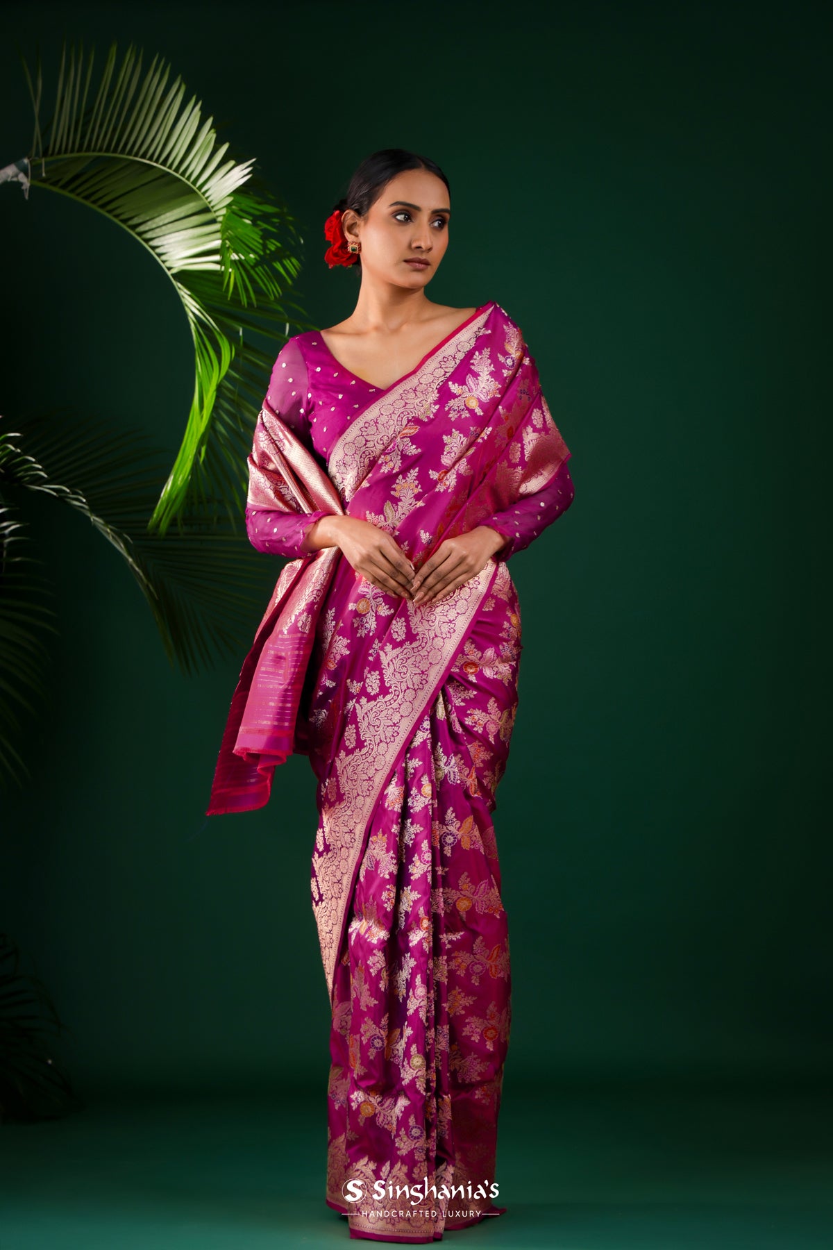 Deep Pink-Purple Banarasi Silk Saree With Chevron Meenakari Weaving