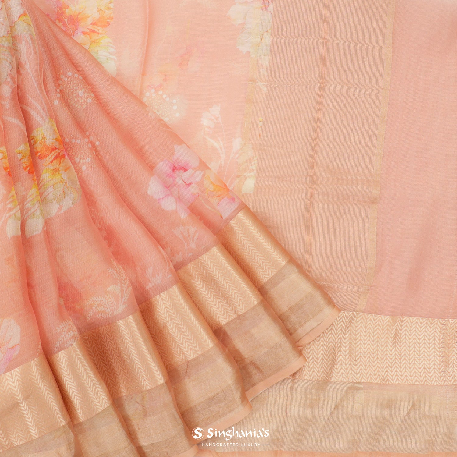 Pastel Orange Printed Maheshwari Saree With Floral Pattern