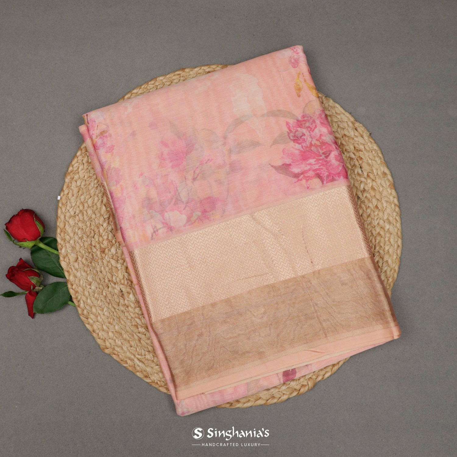 Spanish Pink Printed Maheshwari Saree With Floral Pattern