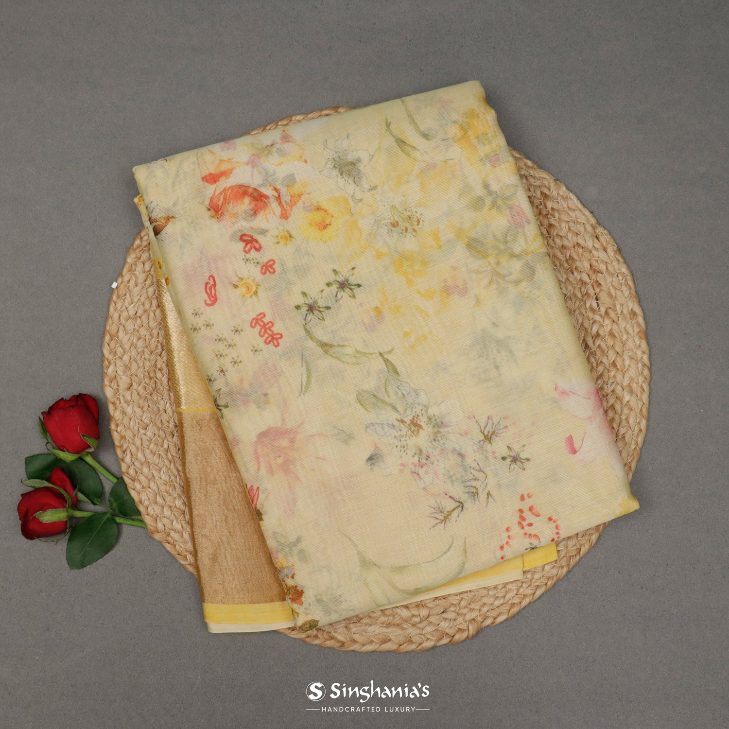 Light Yellow Printed Maheshwari Saree With Floral Jaal Pattern