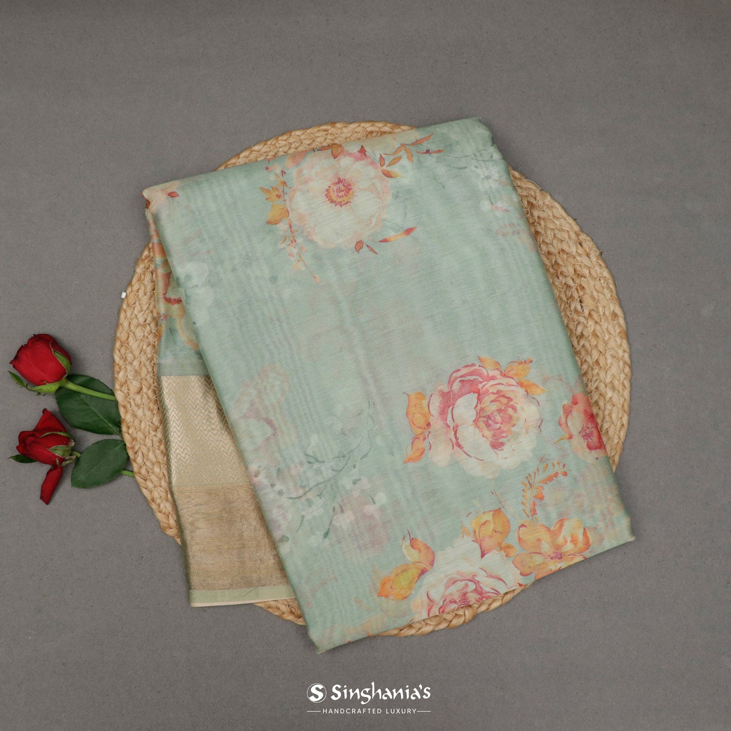 Pale Bluish-Green Printed Maheshwari Saree With Floral Pattern