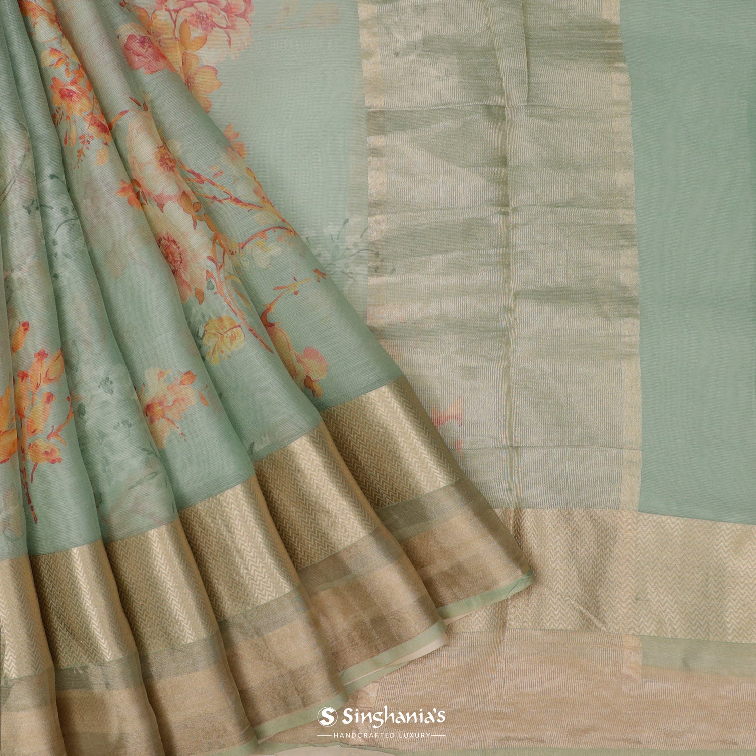 Pale Bluish-Green Printed Maheshwari Saree With Floral Pattern